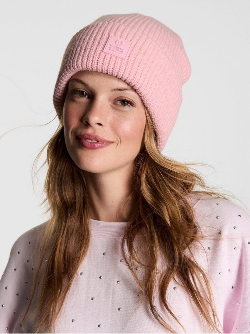 🆕PINK VICTORIA’S SECRET RIBBED KNIT FOLD-OVER BEANIE